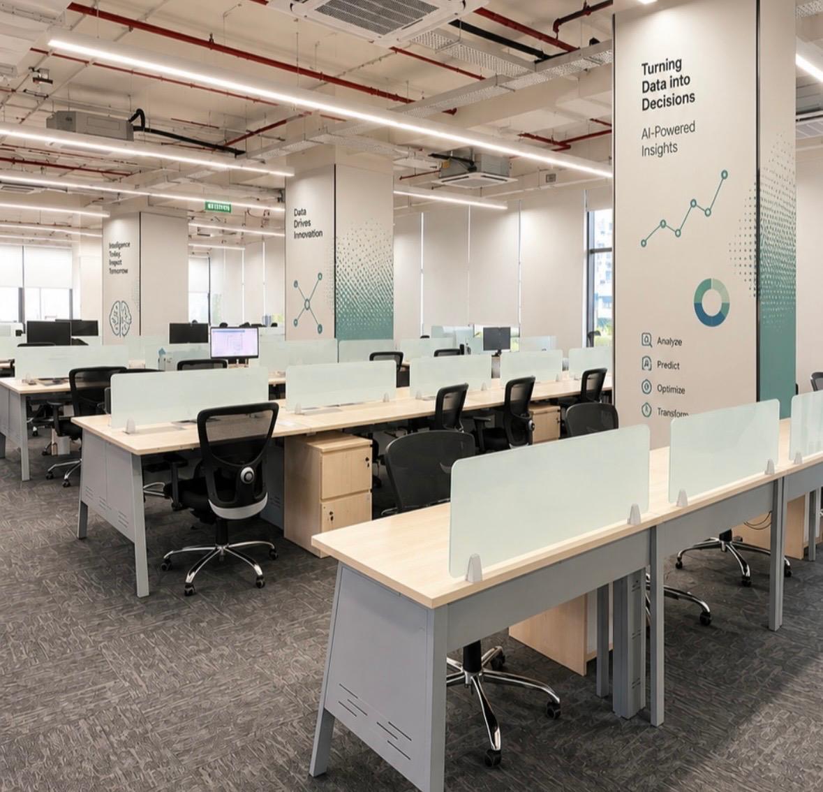Open office space with beautifully branded structural columns